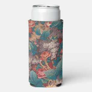 Enfriador De Latas Slim Rosa, Lila, Patrón de Hojas Grandes Jardín Vintage