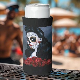 Enfriador De Latas Slim Rosas Rojas Elegantes Mujer Calavera Gótica