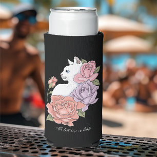 Enfriador De Latas Slim Rosas rosadas de lavanda de piel de gato blanco