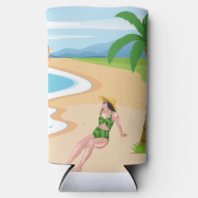 Enfriador De Latas Slim señora en la playa (Anverso)