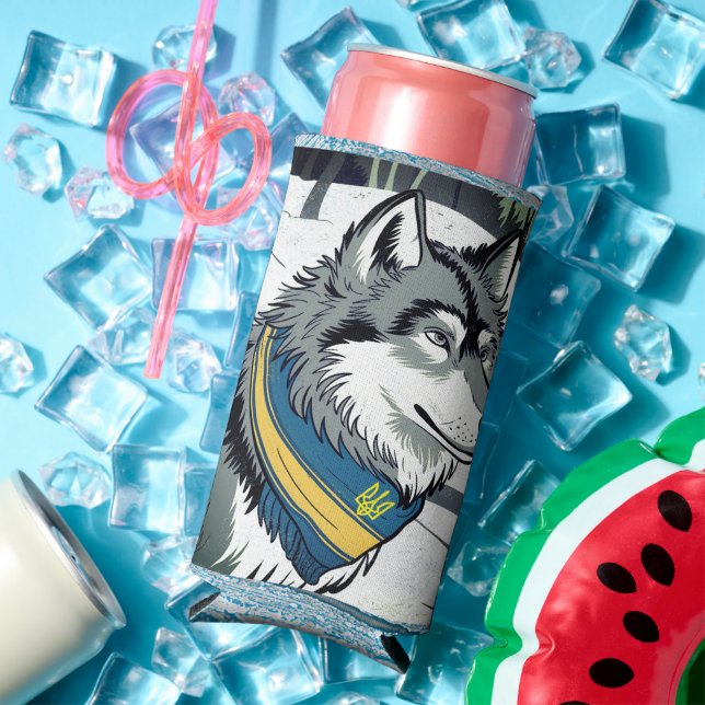 Enfriador De Latas Slim Símbolo ucraniano de lobo, arte fuerte y orgulloso (Verano in situ)