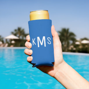 Enfriador De Latas Slim Simple Blanco Monograma Azul Zafiro