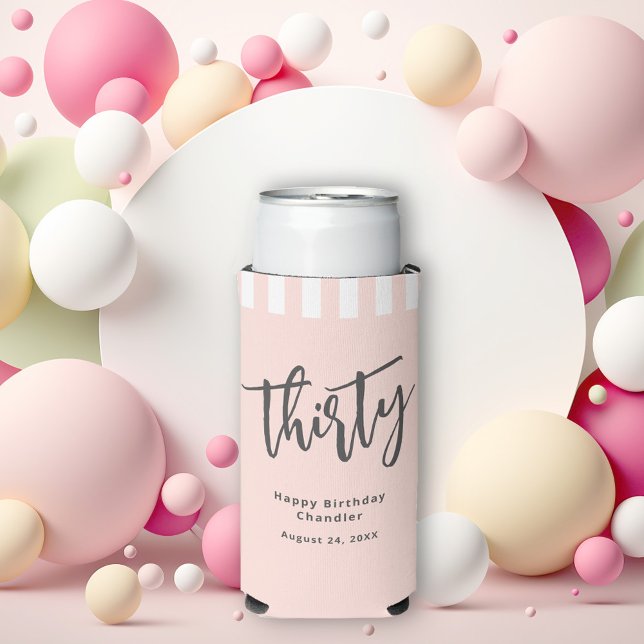 Enfriador De Latas Slim Simple Fiesta de cumpleaños Rubor Pink 30 (Celebrate turning 30 in style with this custom seltzer can cooler in blush pink and charcoal gray.)
