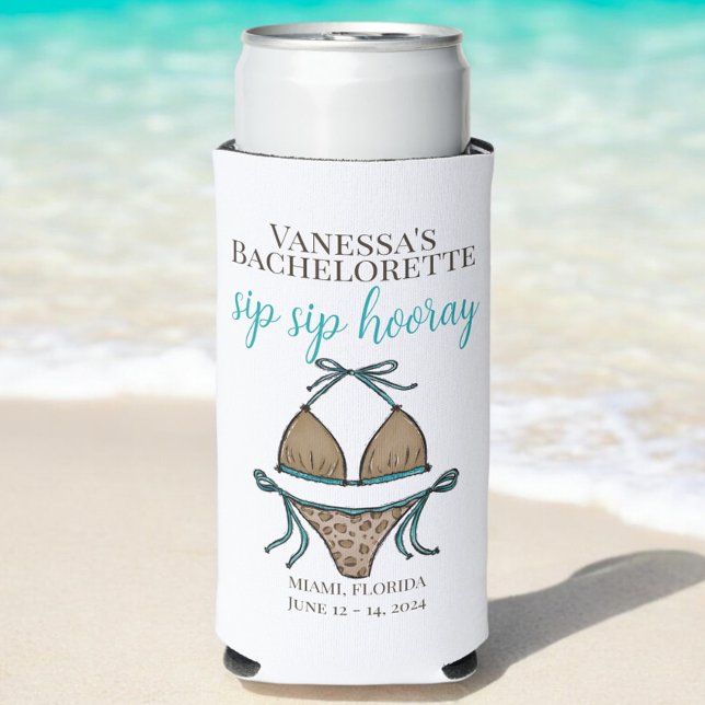 Enfriador De Latas Slim Sip Sip Hooray Leopard Bikini Bachelorette Party (Subido por el creador)