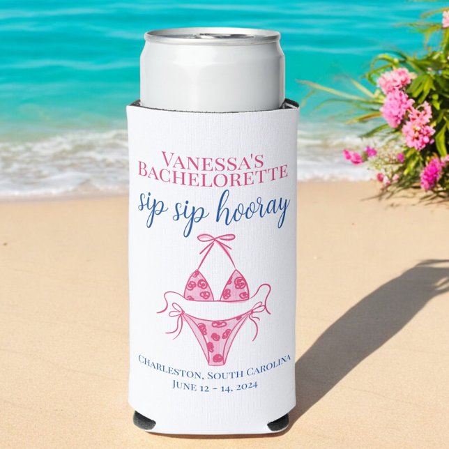 Enfriador De Latas Slim Sip Sip Hooray Pink Bikini Bachelorette (Subido por el creador)