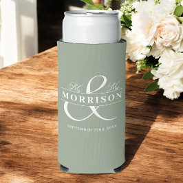 Enfriador De Latas Slim Sr. Sage Green Rustic Wedding Favor