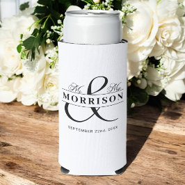 Enfriador De Latas Slim Sr. Sra. Black White Wedding Favor