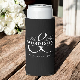 Enfriador De Latas Slim Sr. Sra. Black White Wedding Favor