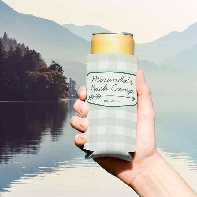 Enfriador De Latas Slim Summer Bach Camp Gingham Bachelorette Party Favor (Summer Bach Camp Gingham Bachelorette Party Favor Seltzer Can Cooler)