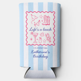Enfriador De Latas Slim Summer Costal Blue Stripes Pink Birthday Party