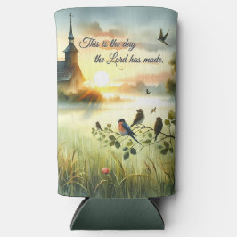 Enfriador De Latas Slim Sunrise Church with Birds in Misty Meadow