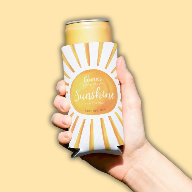 Enfriador De Latas Slim Sunshine Baby Shower ("Little Ray of Sunshine" baby shower can cooler with editable text.)