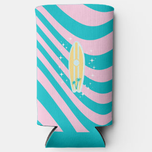 Enfriador De Latas Slim Surf rosa pastel, arte playero, vibraciones tropic