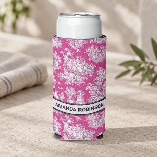 Enfriador De Latas Slim Toile de jouy monograma floral rosa magenta vintag