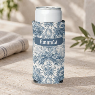 Enfriador De Latas Slim Toile de Jouy monograma floral vintage azul