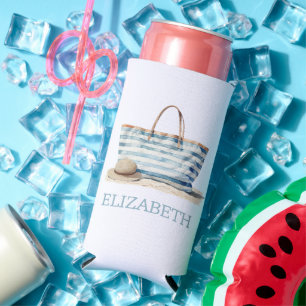 Enfriador De Latas Slim Tote de playa de rayas blancas y azules costeras