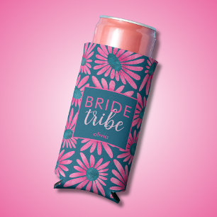 Enfriador De Latas Slim Tribu de novia floral con estampado retro en bloqu