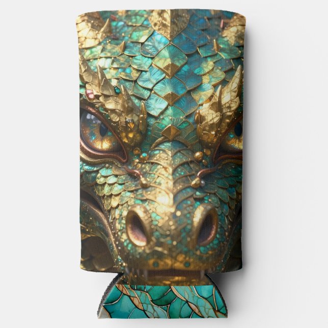 Enfriador De Latas Slim Turquoise and Gold Dragon Face (Anverso)