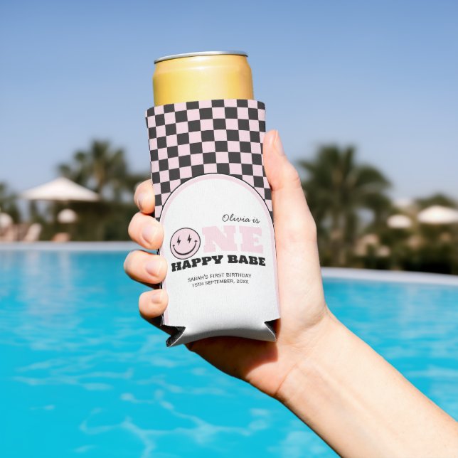 Enfriador De Latas Slim Un Chica feliz de los bebés rosado primer cumpleañ (Piscina in situ)