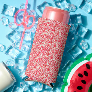 Enfriador De Latas Slim un fondo rojo y blanco con un patrón