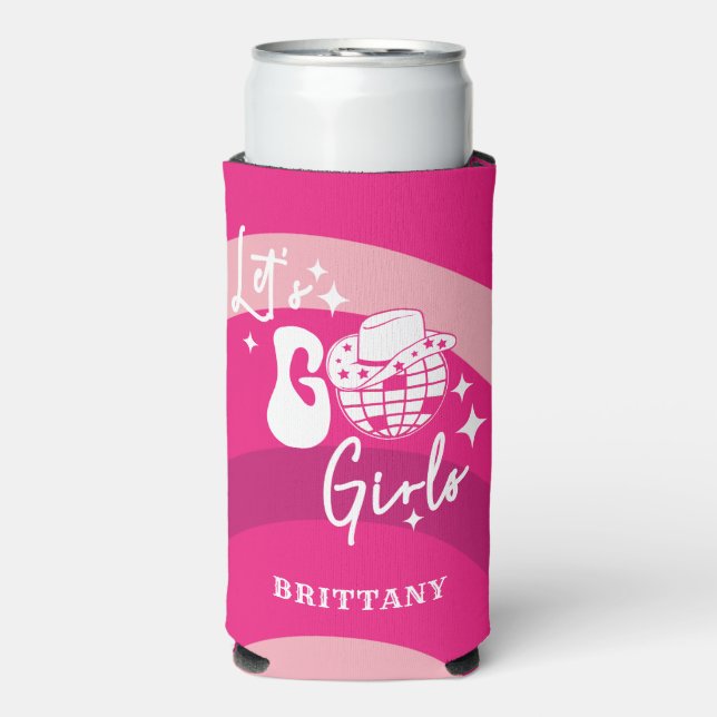 Enfriador De Latas Slim Vaquera rosa personalizada Vamos Chicas (Frente Agua con Gas)