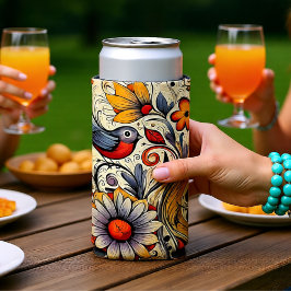Enfriador De Latas Slim Verano de diseño pichón y floral
