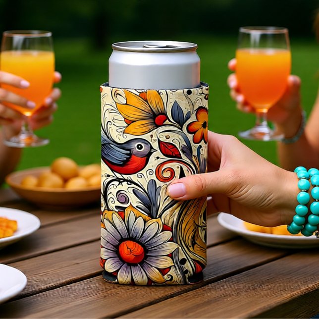 Enfriador De Latas Slim Verano de diseño pichón y floral (Boho Floral Bird Folk Art Nature Summer Seltzer Can Cooler)