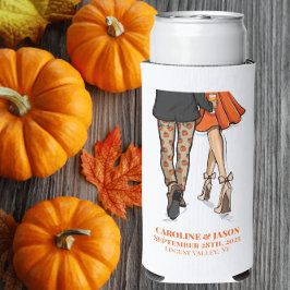 Enfriador De Latas Slim Vestido Naranja de calabaza de la Pareja Caída Pre