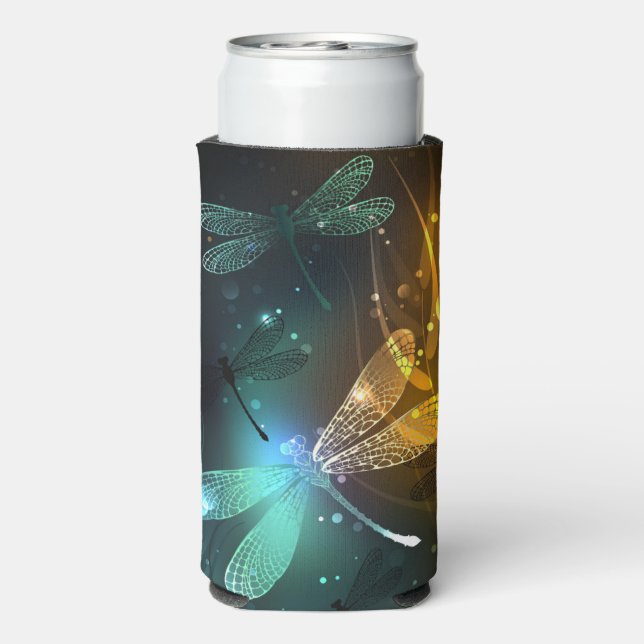 Enfriador De Latas Slim Vuelo de libélula luminosa verde (Reverso Agua con Gas)