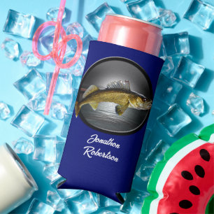 Enfriador De Latas Slim Walleye Pikes sobre fondo azul profundo