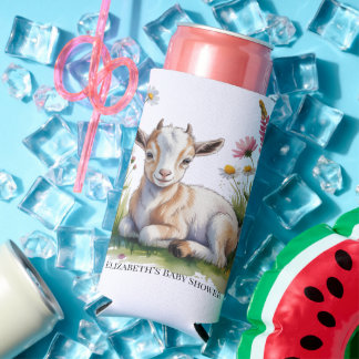 Enfriador De Latas Slim Watercolor Baby Goat with Wildflowers Baby Shower