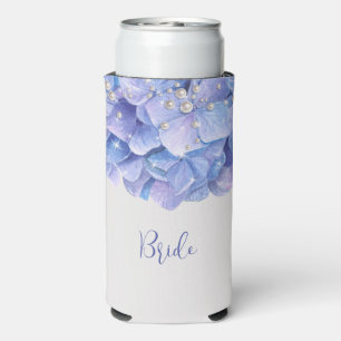 Enfriador De Latas Slim Watercolor Blue Hydrangea Pearls Bridal Party