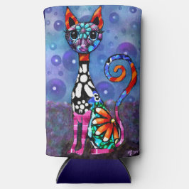 Enfriador De Latas Slim Whimsical Big-Eyed Funky Abstract Kitty Cat