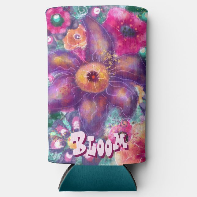 Enfriador De Latas Slim Whimsical Floral Abstract Art Teal Personalized  (Anverso)