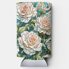 Enfriador De Latas Slim White Roses Stained Glass Mosaic