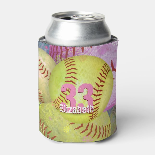 Enfriador De Latas Softbol Chicas amarillos rosados (Lata Anverso)
