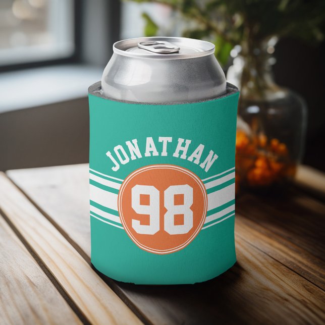 Enfriador De Latas Sports Jersey Stripes Emerald & Naranja Número de  (Personalized Can Cooler - add a name and custom text to this sports jersey design)
