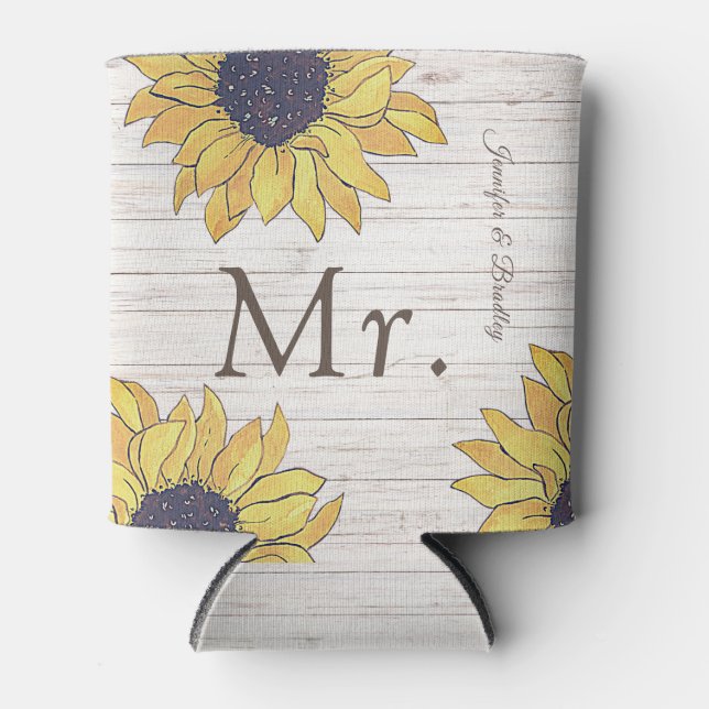 Enfriador De Latas Sr. Rustic White Wood Moda Yellow Sunflower (Anverso)