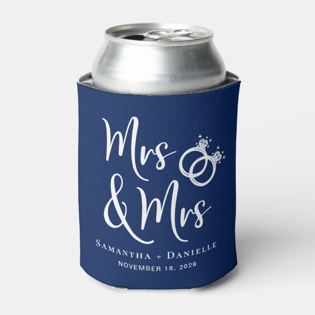 Enfriador De Latas Sra. y Sra. Lesbian Navy Blue Wedding Favor (Lata Anverso)