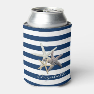 Enfriador De Latas Starfish Adorable, Navy Blue Stripes Personalizado
