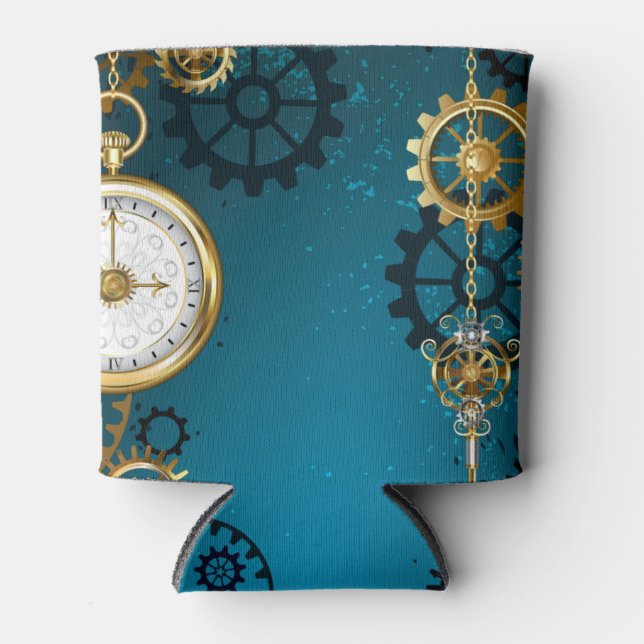 Enfriador De Latas Steampunk turquoise Background with Gears (Anverso)