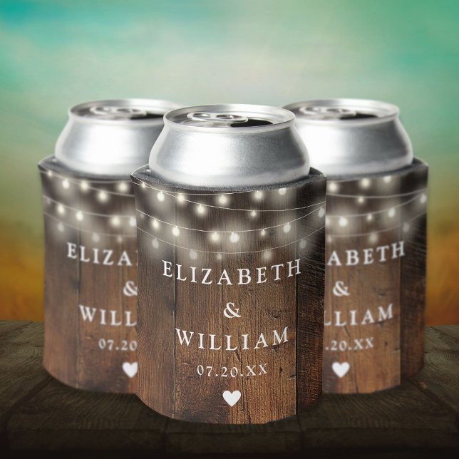 Enfriador De Latas String enciende el Boda del Boho Barn de Madera Ru (String Lights Rustic Wood Boho Barn Wedding Can Cooler)