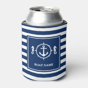 Enfriador De Latas Su nombre de barco Seahorse Anchor Blue Stripes 00