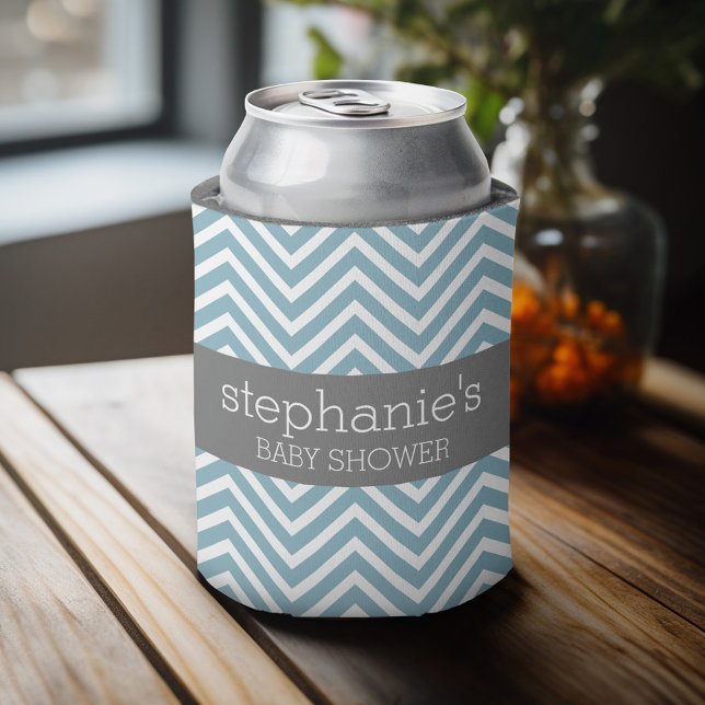 Enfriador De Latas Suite de Baby Shower azul y gris pastel (Personalized Can Cooler - Add Custom Text or Name)