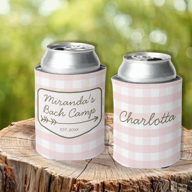 Enfriador De Latas Summer Bach Camp Gingham Bachelorette Verde Rosa (Summer Bach Camp Gingham Pink Green Bachelorette Can Cooler)