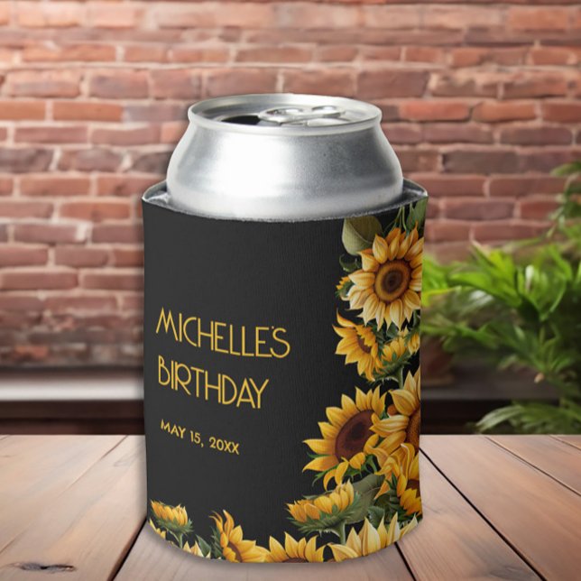 Enfriador De Latas Sunflowers Black Rustic Elegant Name Cumpleaños (Yellow sunflowers on black custom birthday party can cooler)