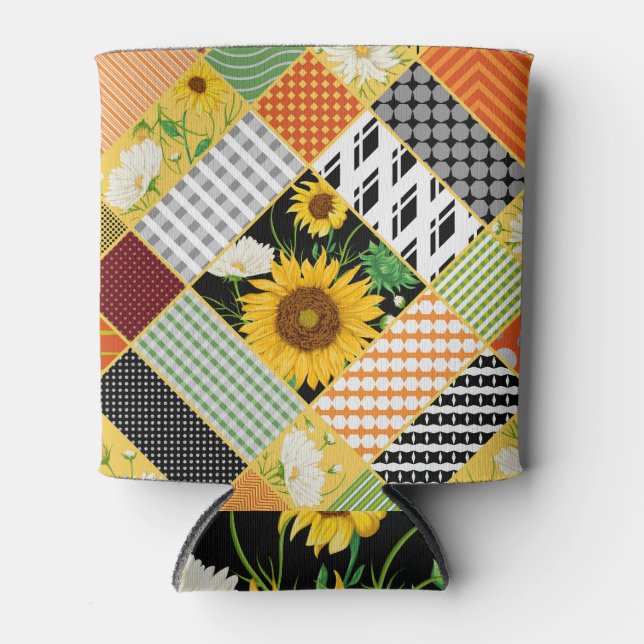 Enfriador De Latas Sunflowers Chamomile, Patchwork Watercolor. (Anverso)
