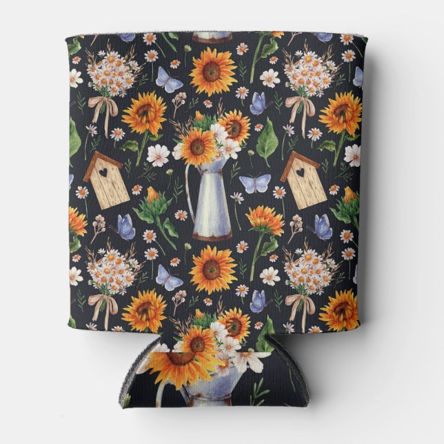 Enfriador De Latas Sunny Rustic Watercolor Sunflowers Pattern (Anverso)
