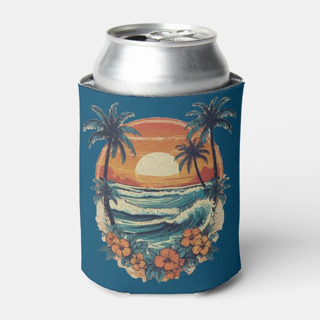 Enfriador De Latas Sunset Beach Palm Tree Funny vacaciones de verano (Lata Anverso)