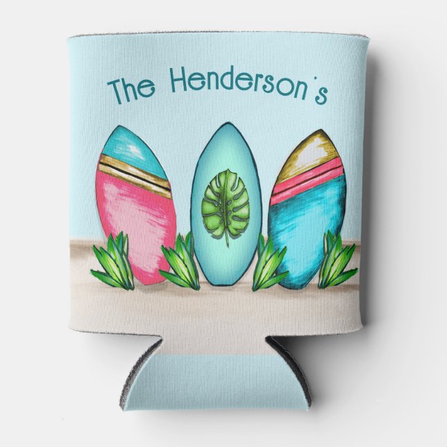 Enfriador De Latas Surfboard retro, rosa, (Anverso)